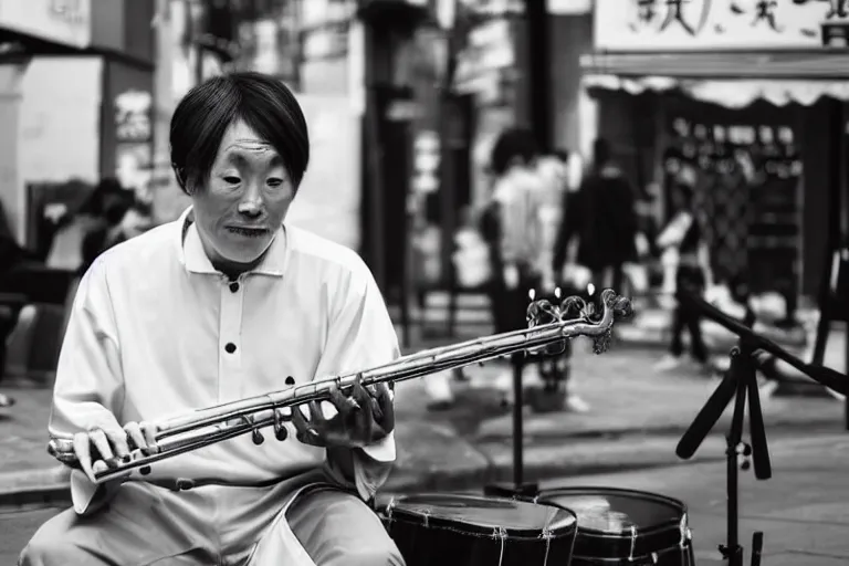 Prompt: still photo of a japanese man playing jazz on the street, black and white color aesthetic, highly detailed, photorealistic portrait, bright studio setting, studio lighting, crisp quality and light reflections, unreal engine 5 quality render