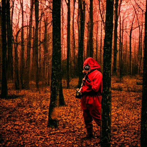 Image similar to stalker wearing a gas mask, red forest, dslr photo, film grain