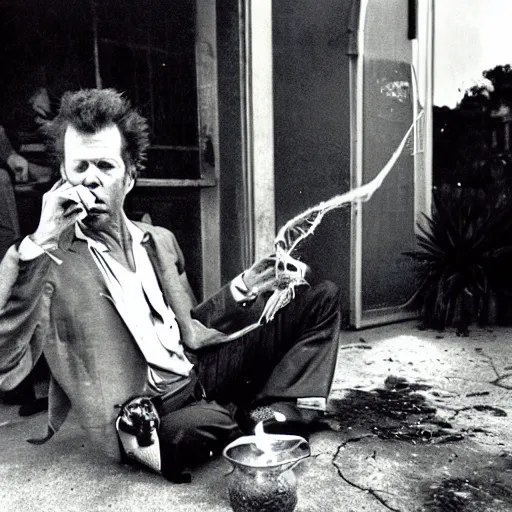 Prompt: tom waits with the body of a spider, smoking a pipe, on the streets of san diego