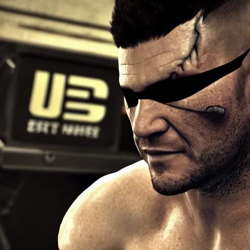 Prompt: character screenshot of ufc commentator michael bisping with an eye patch, npc talking, skyrim, wilderness, 1 0 8 0 p, bokeh, elder scrolls v, detailed, dialog text