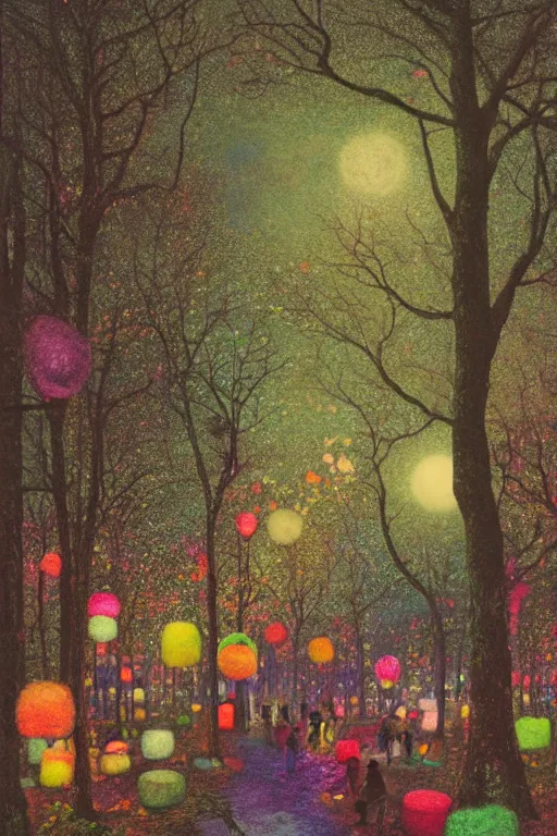 Image similar to a matte digital painting of a candy forest at night, bokeh, bright colours, watercolor, volumetric wool felting, macro photography, children illustration, by john atkinson grimshaw and lisa frank