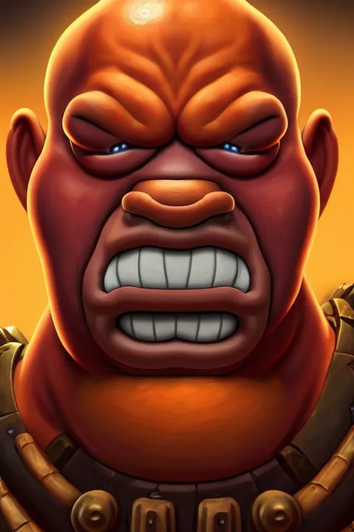 Image similar to a very detailed portrait of homer simpson mixed with garrosh hellscream from warcraft trending on artstation, digital art, 4 k, hyper realistic, splash art, sharp focus