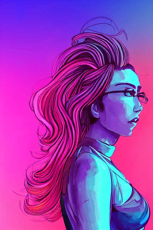 Image similar to a award winning half body portrait of a beautiful woman in a croptop and cargo pants with ombre purple pink teal hairstyle surrounded by whirling illuminated lines, outrun, vaporware, shaded flat illustration, digital art, trending on artstation, highly detailed, fine detail, intricate