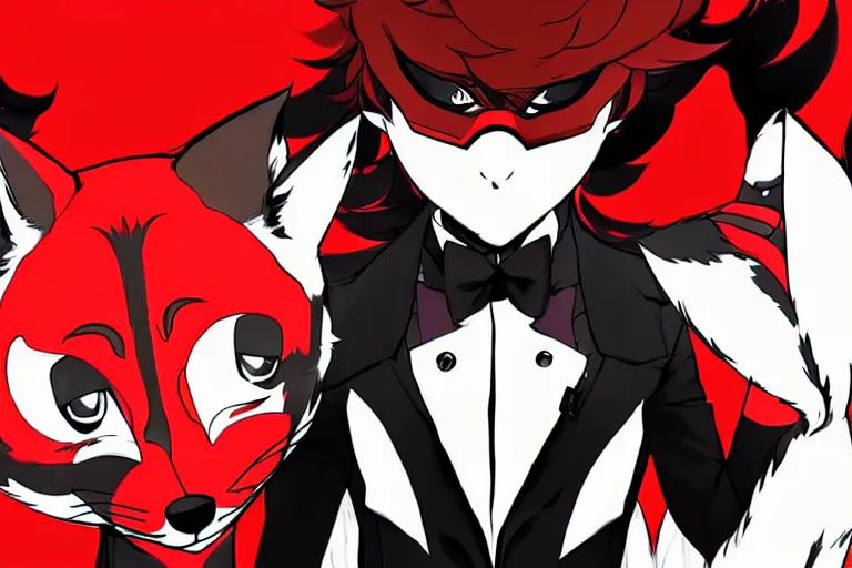 Image similar to a furry tan male fox on a persona 5 : royal ( by atlus ) video game splash screen, a furry male sandcolored tan fox fursona ( has hair ), persona 5 phantom thief style