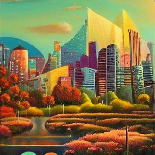 Image similar to Beautiful city of the future in harmony with nature. Nice colour scheme, soft warm colour. Beautiful painting by Lurid. (2022)