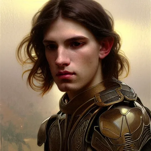 Image similar to portrait painting of a pale serious young man with soft face and medium brown wavy hair wearing armor, ultra realistic, small orbit, concept art, intricate details, eerie, highly detailed, pursed lips, melancholy expression, photorealistic, wide upturn nose, prominent chin, octane render, 8 k, unreal engine. art by artgerm greg rutkowski alphonse mucha