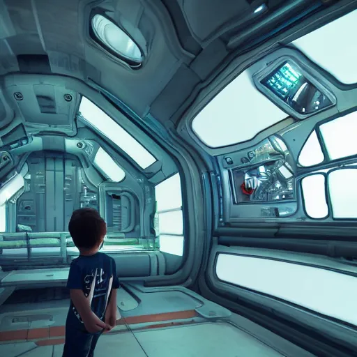 Image similar to little boy looking at some plants inside a spaceship, 3 d render, unreal engine, cinematic, octane scifi