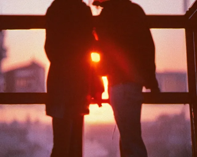 Image similar to lomo photo of pair standing on small hrushevka balcony full with cigarette smoke in small russian town looking at sunset, cinestill, bokeh