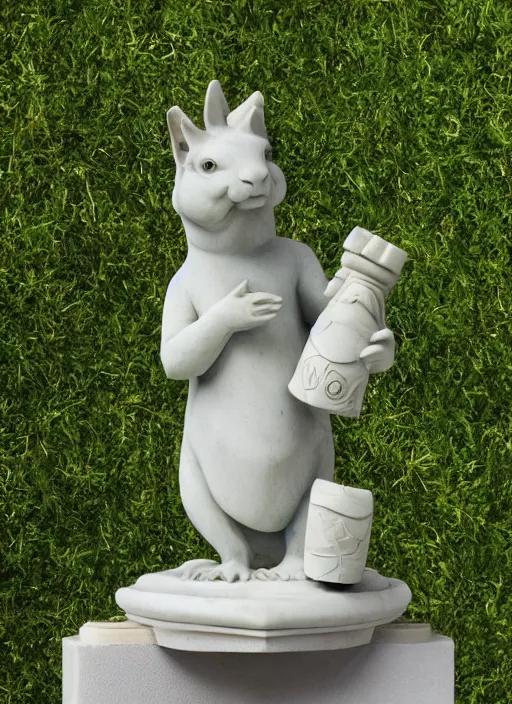 Image similar to A marble statue of a squirrel holding an acorn in the style of Statue of Liberty