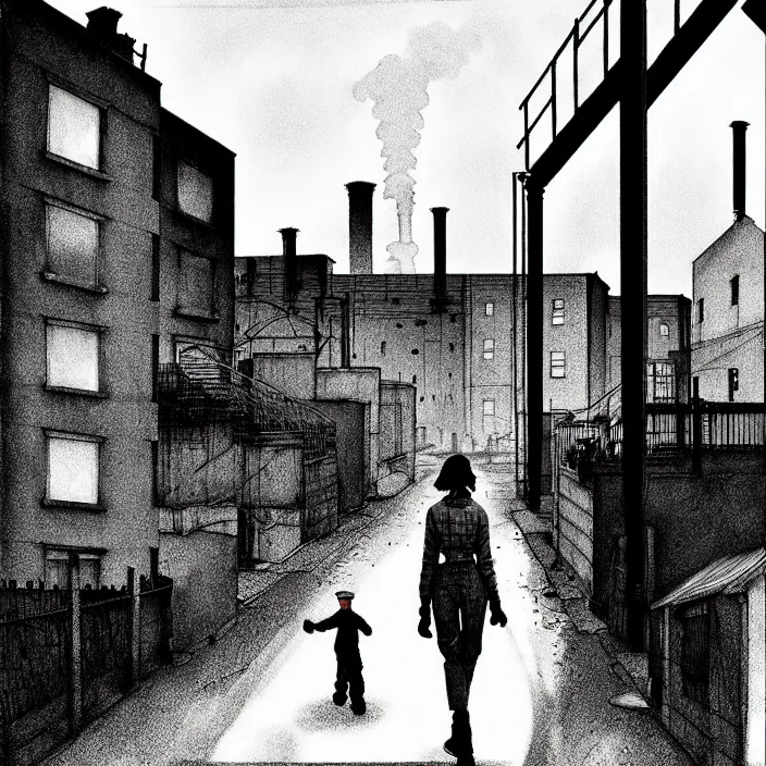 Image similar to [ sadie sink in dirty workmen clothes walks ] next to [ newcastle terraced housing ]. background : factory, dirty, polluted. technique : black and white pencil and ink. by gabriel hardman, joe alves, chris bonura. cinematic atmosphere, detailed and intricate, perfect anatomy