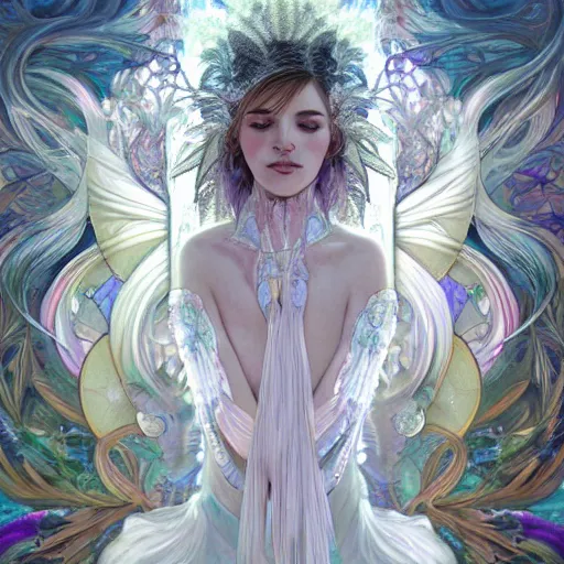 Prompt: a photograpic portrait of a anthropomorphic crystal wearing white clothes, iridescent colors, fantasy, intricate, elegant, highly detailed, digital painting, artstation, concept art, smooth, sharp focus, illustration, art by artgerm and H R Giger and alphonse mucha