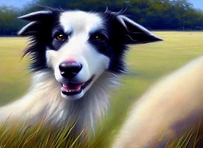 Prompt: close up painting of a border collie kissing a sheep in a pasture, beautiful, realistic proportions, highly detailed, scenic background, trending on artstation, art by charlie bowater and henry asencio and and ross tran