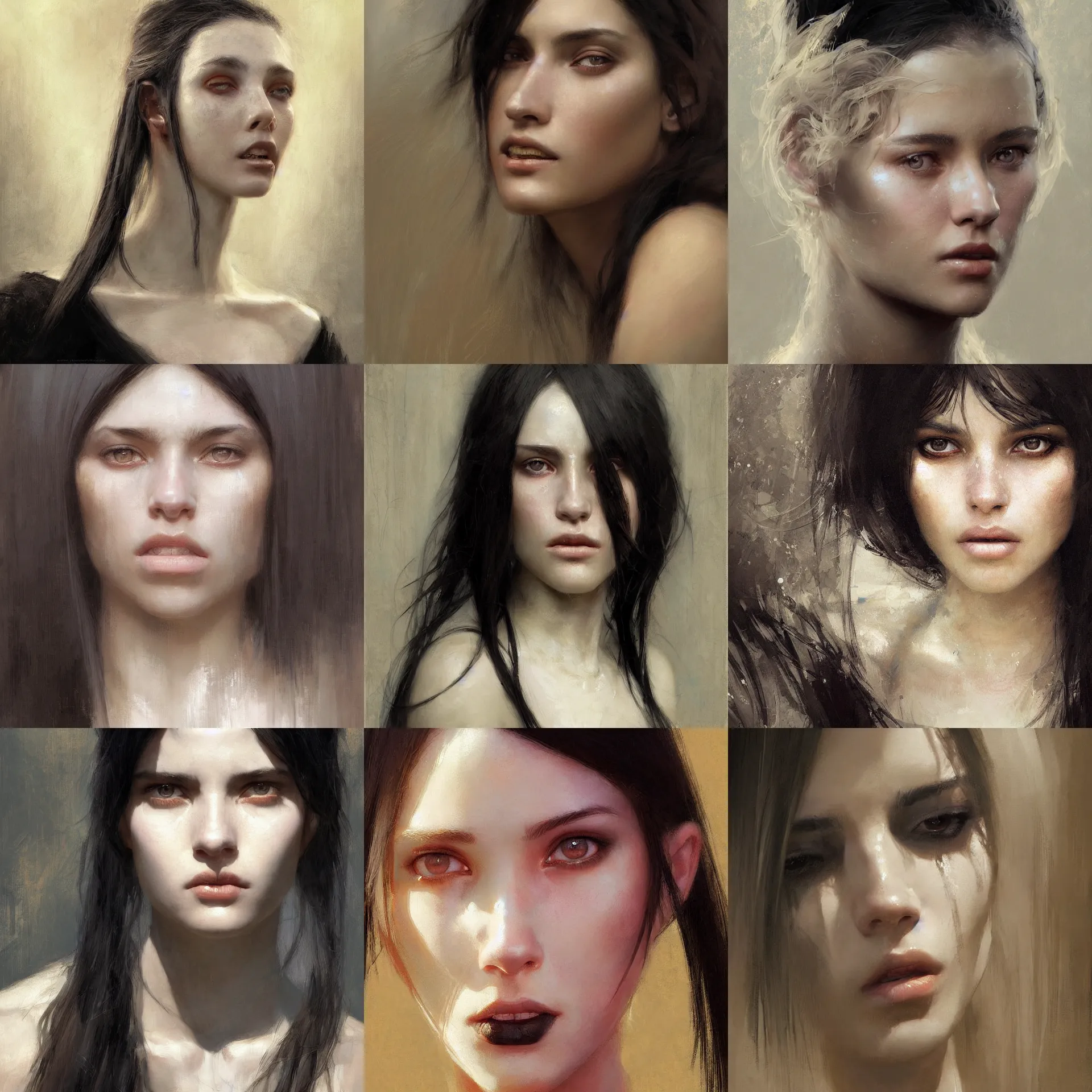 Prompt: digital art painting of a 2 0 years old white skin young latino woman, long black straight hair painted by craig mullins and gaston bussiere and greg rutkowski, symmetrical facial features, symmetrical face, defined facial features, dramatic lighting, close up