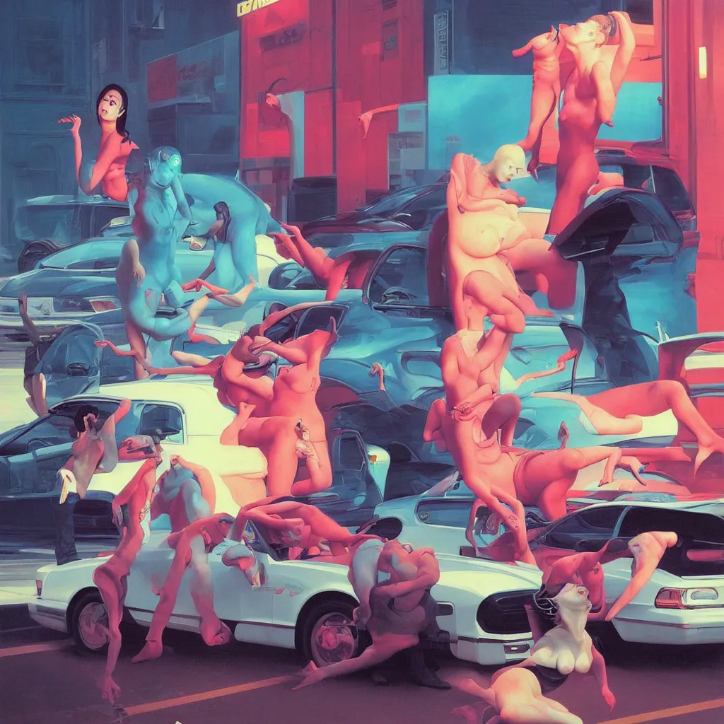 Image similar to weird and disturbing painting of todd solondz driving a car in the streets of tel aviv, vivid colors, neon, art by ( ( ( kuvshinov ilya ) ) ) and wayne barlowe and francis bacon and artgerm and wlop and william - adolphe bouguereau