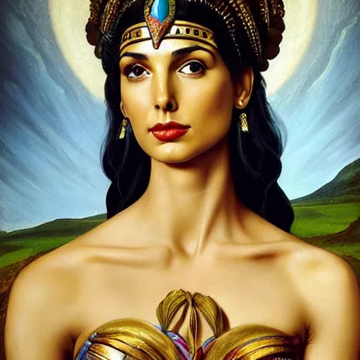 Image similar to Full body oil painting of the beautiful goddess Gal Gadot as Cleopatra, she is wearing a strophion and a surreal ornate, her hair is natural disheveled, she is approaching heaven over the clouds, naturalism, dramatic lighting, high-detailed oil painting by Ilya Repin, Michelangelo da Caravaggio, William Blake, Alex Grey and Beksinski, trending on Artsation, hystorical painting, naturalism, masterpiece, 4k, 8k,