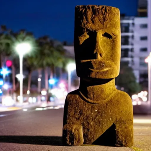 Image similar to a moai head statue skateboarding on the street, set at night