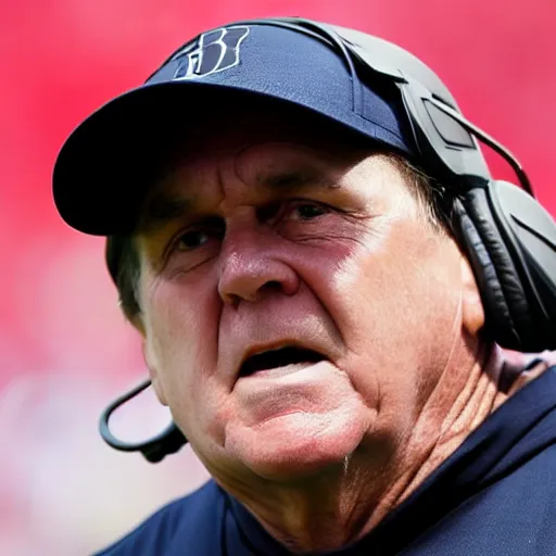 Prompt: Coach Belichick being slightly upset at being covered in spiders