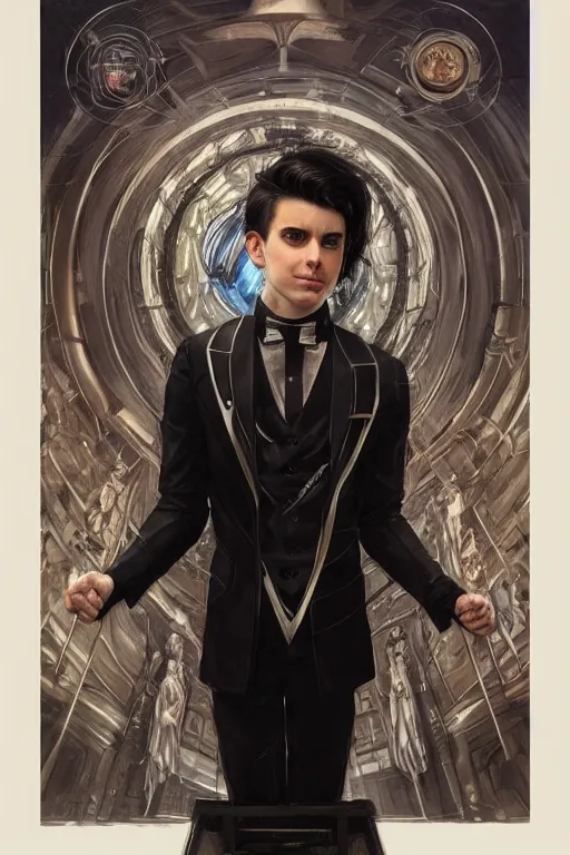 Prompt: portrait of Aidan Gallagher holding a tesseract, medium black hair, Nordic crown, black superhero tuxedo, fantasy, intricate, elegant, realistic, highly detailed, digital painting, artstation, concept art, smooth, sharp focus, illustration, art by artgerm and greg rutkowski and alphonse mucha