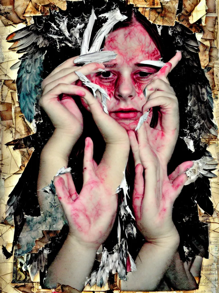 Image similar to a young adult angelgirl soft crying with lots of hands on her face and ratty feathered angel wings, stressed and burnt out, collage effect, collaged, torn paper, overexposure, overexposed, high exposure