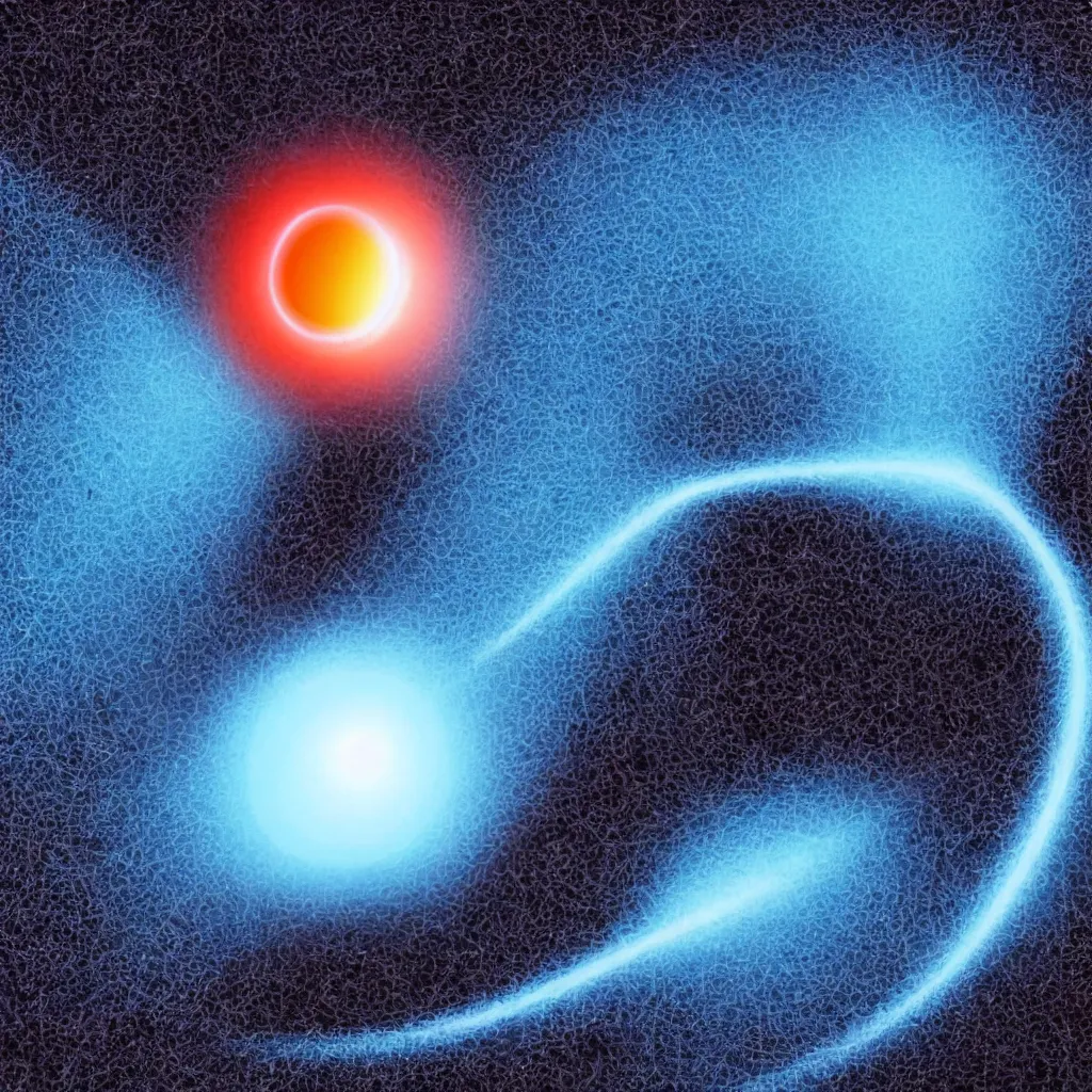 Image similar to black hole inside a circle space ship, glowing tiny blue lines