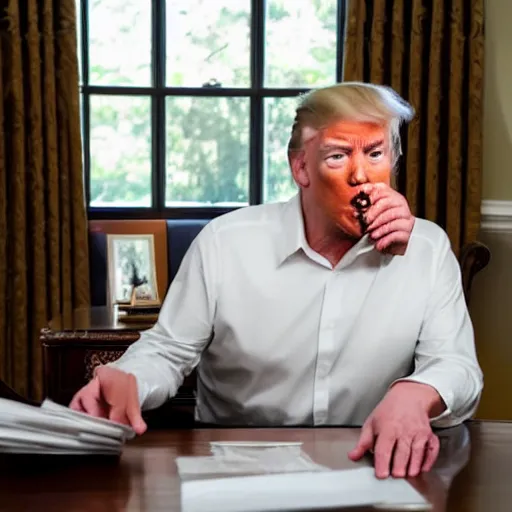 Prompt: candid portrait photo of president trump at his desk eating crumpled up papers shoving them in his mouth, detailed portrait, 4 k, megapixel, sony a 7 s, f / 8, 2 4 mm lens