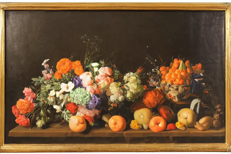 Prompt: still life in space, with flowers and fruit, in the style of the dutch masters, dark and moody