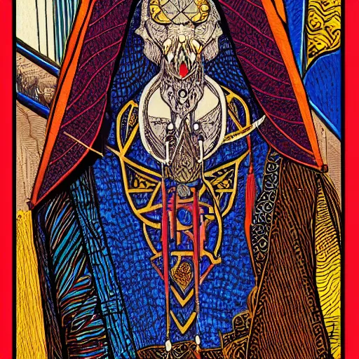 Prompt: man wearing an embroidered cloak and holding scales, tower, archway, gate, geometric, tarot card style, intricate, highly detailed, full color, detailed face, trending on artstation