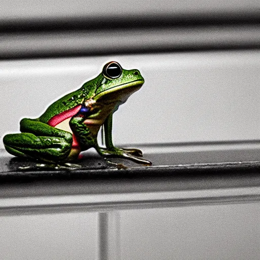 Prompt: a small frog standing on two feet at the hotel reception entry, black velvet, edgar leeteg