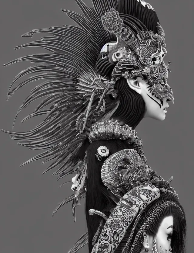 Image similar to 3 d goddess close - up profile portrait punk with mohawk with ram skull. beautiful intricately detailed japanese crow kitsune mask and clasical japanese kimono. betta fish, jellyfish phoenix, bio luminescent, plasma, ice, water, wind, creature, artwork by tooth wu and wlop and beeple and greg rutkowski