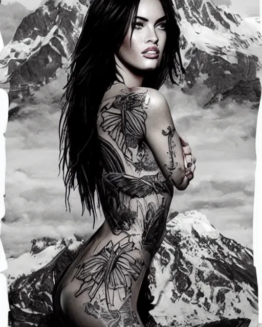 Image similar to double exposure effect tattoo design sketch of megan fox with amazing mountain scenery, realism tattoo, in the style of den yakovlev, amazing detail, sharp