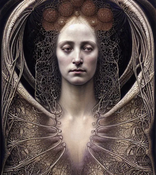 Image similar to detailed realistic beautiful salome face portrait by jean delville, gustave dore, iris van herpen and marco mazzoni, art forms of nature by ernst haeckel, art nouveau, symbolist, visionary, gothic, neo - gothic, pre - raphaelite, fractal lace, intricate alien botanicals, ai biodiversity, surreality, hyperdetailed ultrasharp octane render