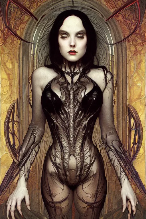 Image similar to masterpiece painting of beautiful infernal succubus girl by donato giancola, h. r. giger and tom bagshaw, face by artgerm and edmund leighton, background by james jean and alphonse mucha, 8 k, gothic horror, majestic, volumetric lighting, porcelain skin, art deco, trending on pixiv