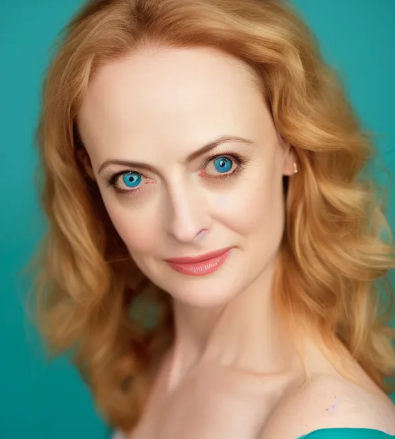 Image similar to beautiful portrait photo of Heather Graham, slight smile, 85mm, teal studio backdrop