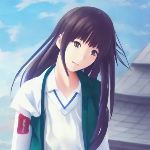 Prompt: a high detail portrait of japanese anime high school girl by makoto sinkai, in simple background