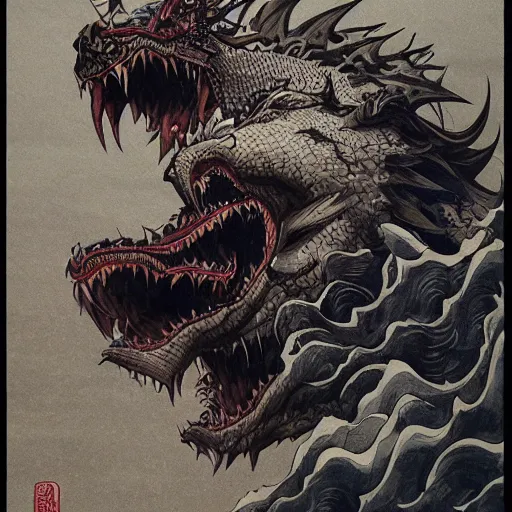 Prompt: close-up head of a furious dragon by Katsushika Hokusai, Pete Mohrbacher, Yoji Shinkawa + dark clouds + Portrait + gothic illustration + Trending on Artstation + Intricate details