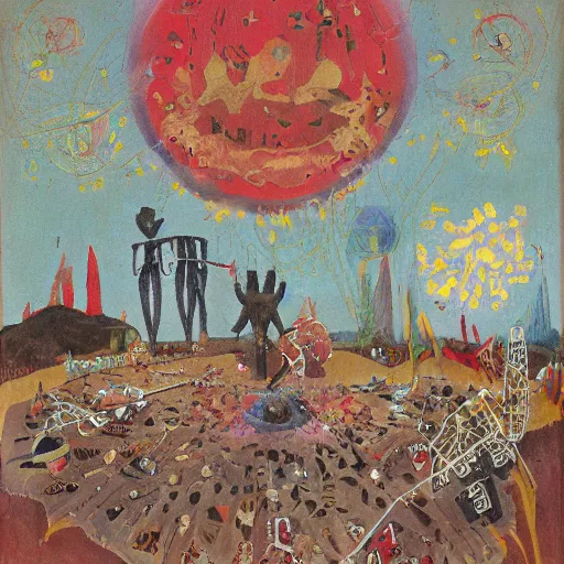 Image similar to pixel decollage painting tarot lovers card composition tower of babel road red armor maggot bear and wonky alien frog skeleton knight on a horse in a dark red cloudy night sky with golden foil jewish stars, occult symbols and diamonds, mountain lake and blossoming field in background, painted by Mark Rothko, Helen Frankenthaler, Danny Fox and Hilma af Klint, pixelated, neo expressionism, semi naive, pastel colors, cinematic, color field painting, cave painting, voxel, pop art look, outsider art, minimalistic. Bill Traylor painting, part by Philip Guston and Francis Bacon. art by Adrian Ghenie, very coherent symmetrical artwork, cinematic, hyper realism, high detail, octane render, unreal engine, Smooth gradients, depth of field, full body character drawing, extremely detailed, 8k, extreme detail, intricate detail, masterpiece