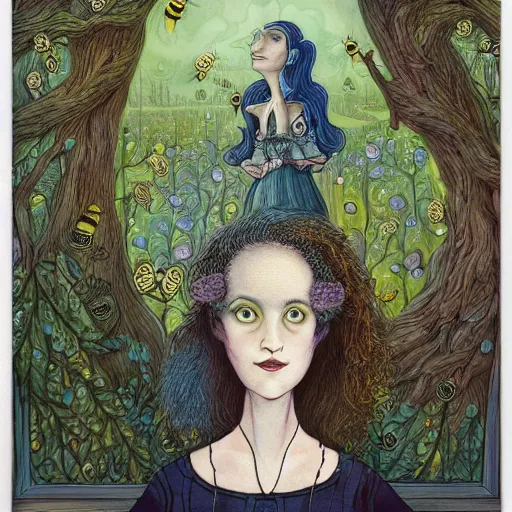 Image similar to a portrait of a woman standing infront of a window, she is happy and has lovely hair and eyes, a man is standing behind her with a look of suprise in his face, 🪴🌳🐝, 8 k, lowbrow, in the style of daniel merriam and alexander jansson,