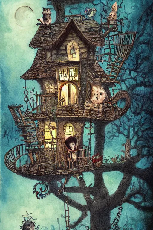 Image similar to The cat in the tree house illustrated by Tim Burton, Trending on artstation, artstationHD, artstationHQ, 4k, 8k