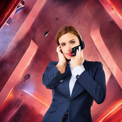 Prompt: a girl talking on a phone, wearing business clothes, marvel movie poster style, 8 k