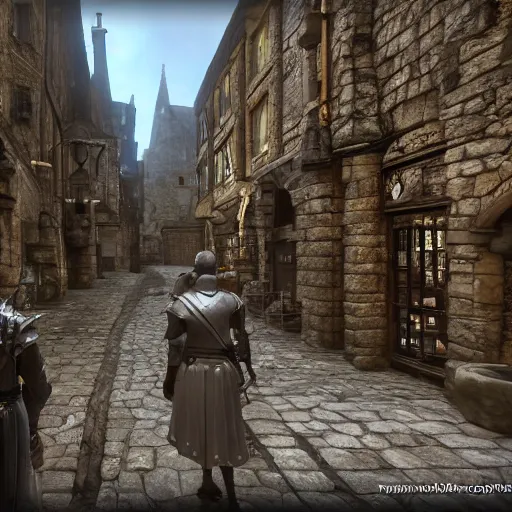 Image similar to detailed medieval fantasy streets with people walking around, unreal engine 5 rendered, incredibly highly detailed and realistic, 8 k, sharp focus, studio quality