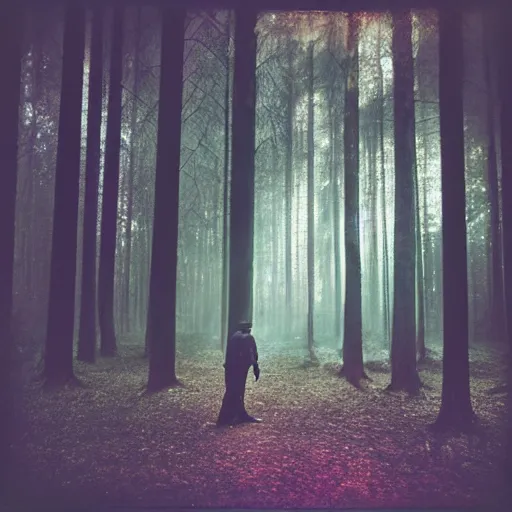 Image similar to square polaroid photo of a guy with standing in a dark fantasy forest, back view, lens flare, moody lighting, moody vibe, telephoto, 9 0 s vibe, blurry background, grain, tranquil, calm, faded!,