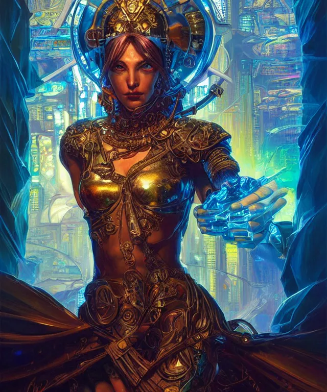 Image similar to a beautiful tarot card artwork of a cyberpunk crystal paladin, backlit, dazzling, highly detailed, digital painting, by karol bak and justin gerard and dan mumford and artgerm, vivid colors, masterpiece, detailed shading, 8 k resolution, intricate, smooth