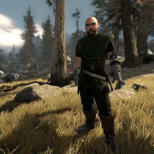 Prompt: a screenshot of karl pilkington in the video game skyrim. 3 d rendering, unreal engine. amazing likeness. very detailed. cartoon caricature