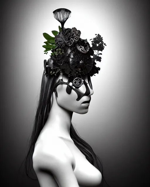 Image similar to black and white dreamy foggy smoky profile face portrait, one silver steampunk realistic eye biomechanical beautiful young female cyclope - cyborg - robot bust, body ribs meshes,, volumetric light, hibiscus flowers, by hg giger, rim light, by dora maar and cecile beaton, big gothic fashion pearl embroidered collar, 8 k