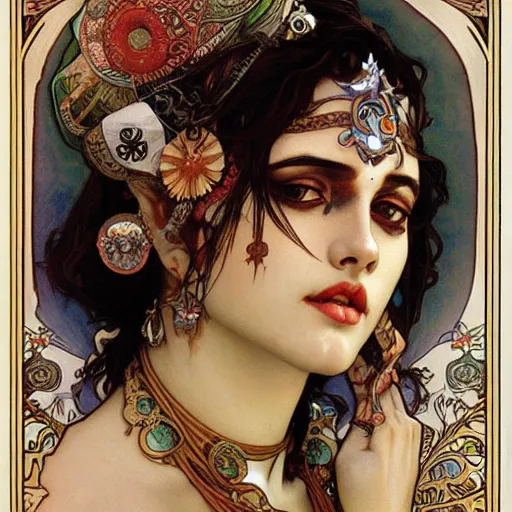 Prompt: realistic detailed face portrait of the Goddess Kali by Alphonse Mucha, Ayami Kojima, Amano, Charlie Bowater, Karol Bak, Greg Hildebrandt, Jean Delville, and Mark Brooks, Art Nouveau, Neo-Gothic, gothic, rich deep moody colors