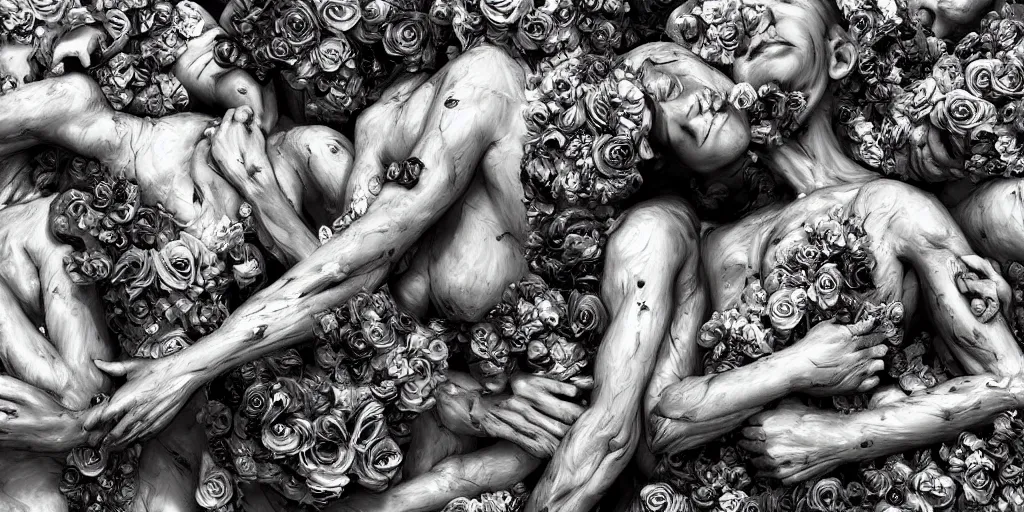 Image similar to surrealist sculpture human bodies intertwined, a lovely cornucopia of flowers and human body parts, body parts, paint pour, swirling paint colors, black and white photography, desaturated, highly detailed, octane render, cinematic