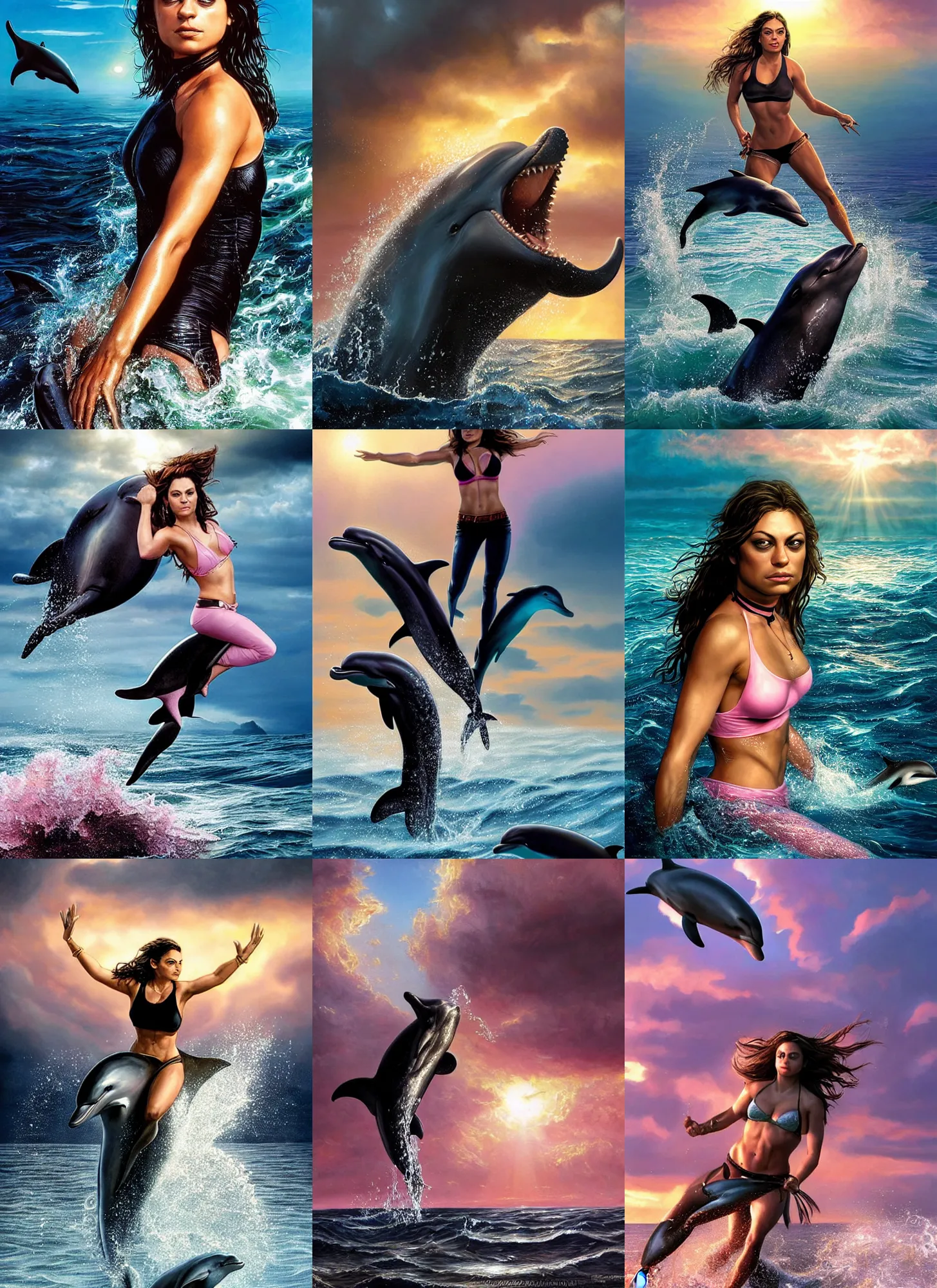 Image similar to epic portrait of six-pack muscled Mila Kunis wearing black choker riding a dolphin jumping from the water, sun rays across sky, pink golden hour, stormy coast, intricate, highly detailed, shallow depth of field, tentacles in the distance, epic vista, Ralph Horsley, Daniel F. Gerhartz, Artgerm, Boris Villajo, Lilia Alvarado