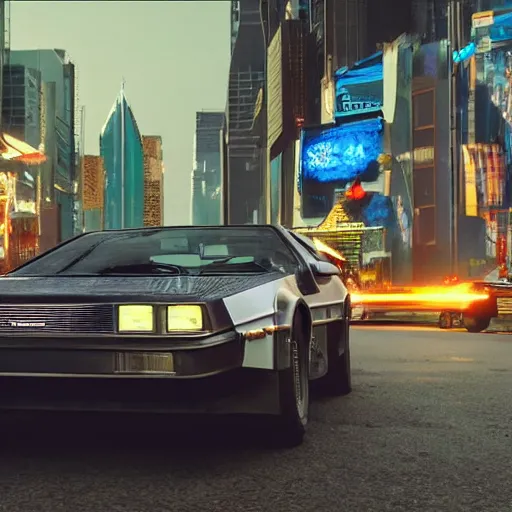 Image similar to a cyberpunk delorean breaking the space - time continuum, energy and time particles, dramatic framing, movie footage, 8 k