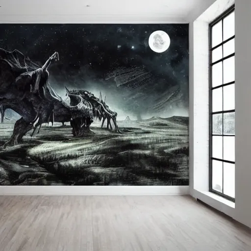 Prompt: big dark landscape wallpaper, out of this world fantasy, chilling overwhelming oil painting, brutal unforgiving creatures waiting in the shadows, hopeless and dreadful sounds