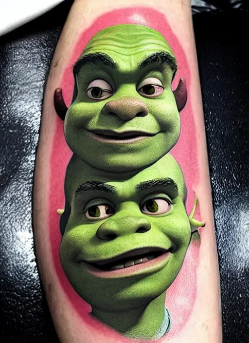 Image similar to 😆 Shrek, dope tattoo, hyperrealistic